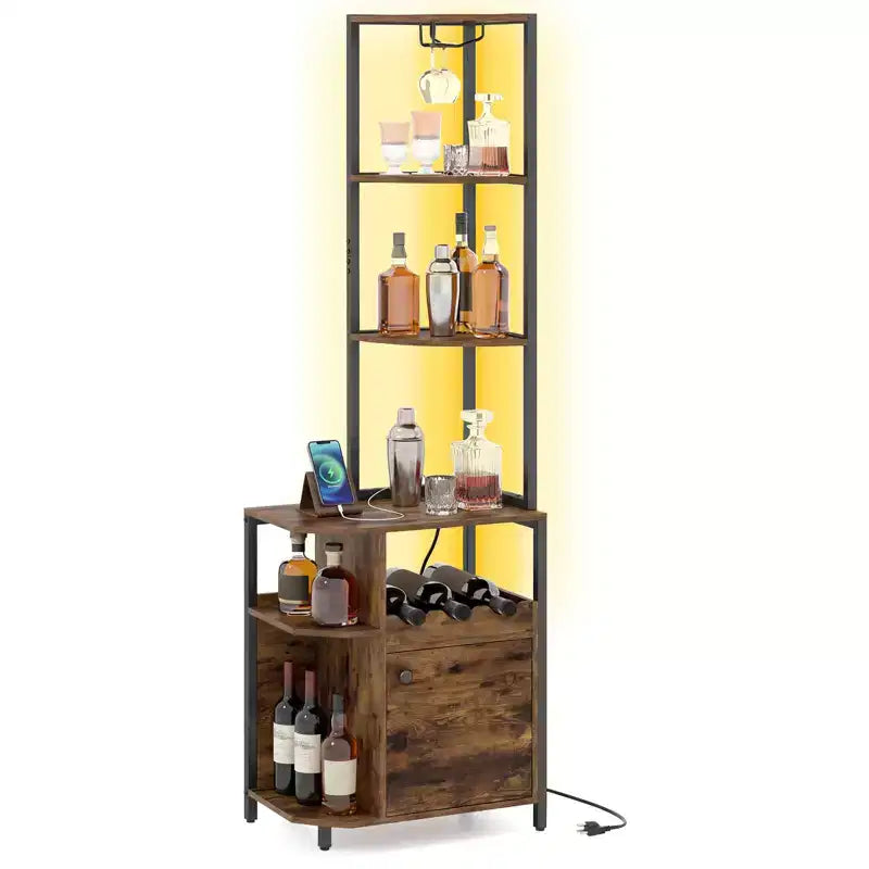 Costway Corner Bar Cabinet with LED Lights & Charging Station, Glass Holder, Open Shelves