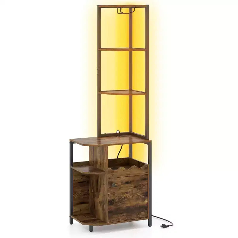 Meuble d'angle de bar avec lumières LED, station de charge, porte-verres et étagères ouvertes, 156 cm de haut