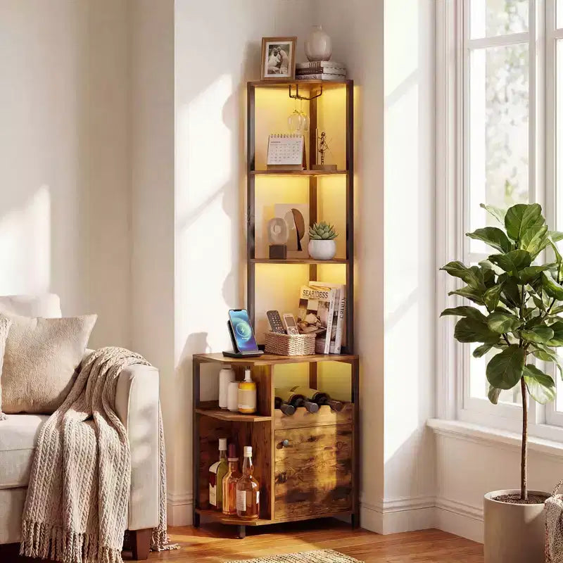 Meuble d'angle de bar avec lumières LED, station de charge, porte-verres et étagères ouvertes, 156 cm de haut
