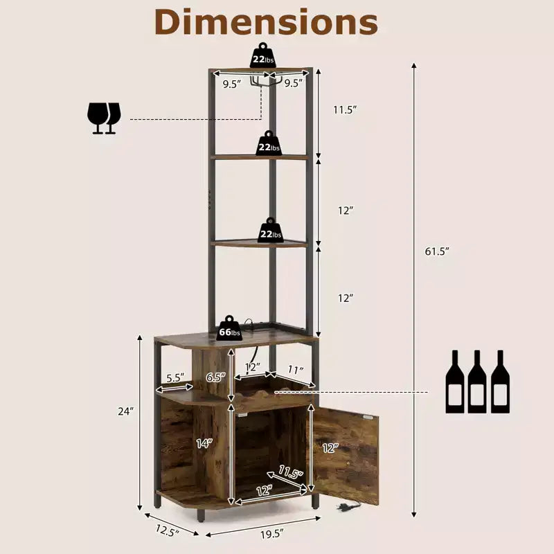 Meuble d'angle de bar avec lumières LED, station de charge, porte-verres et étagères ouvertes, 156 cm de haut