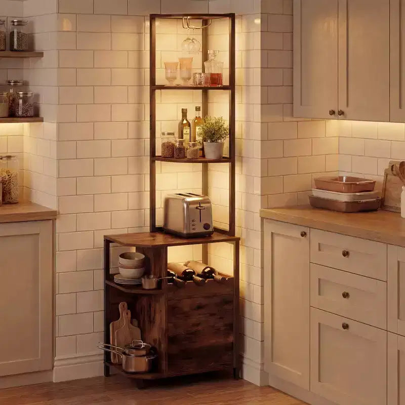 Meuble d'angle de bar avec lumières LED, station de charge, porte-verres et étagères ouvertes, 156 cm de haut