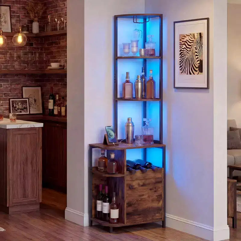 Meuble d'angle de bar avec lumières LED, station de charge, porte-verres et étagères ouvertes, 156 cm de haut