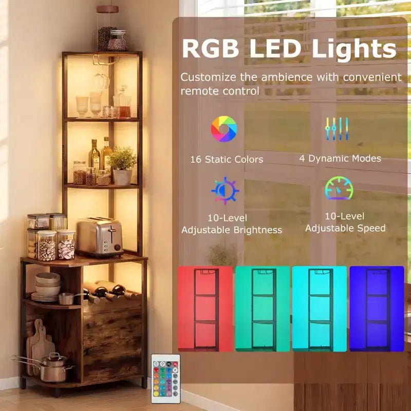 Meuble d'angle de bar avec lumières LED, station de charge, porte-verres et étagères ouvertes, 156 cm de haut