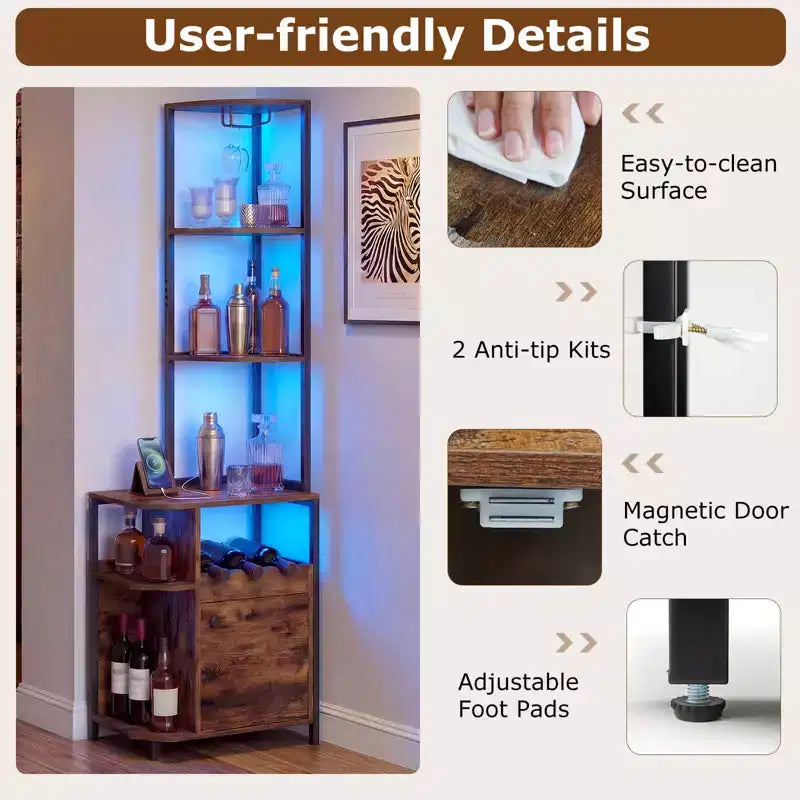 Meuble d'angle de bar avec lumières LED, station de charge, porte-verres et étagères ouvertes, 156 cm de haut