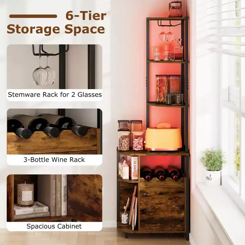 Meuble d'angle de bar avec lumières LED, station de charge, porte-verres et étagères ouvertes, 156 cm de haut