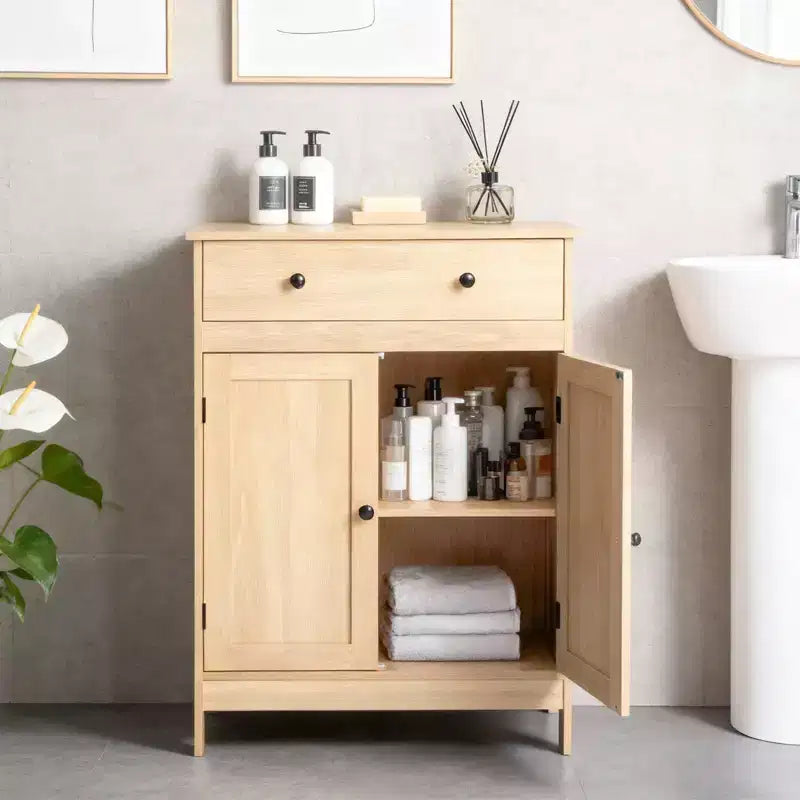 Oak Bathroom Storage Cabinet with 2 Doors and 1 Drawer