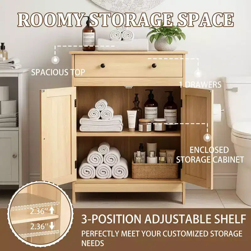 Meuble de Rangement Salle de Bain Chêne avec 2 Portes et 1 Tiroir