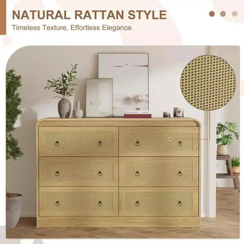 Commode en rotin cintrée de 117 cm de large - Commode de chambre à 6 tiroirs, Meuble de rangement pour salon et couloir, Commode en bois d'inspiration Mid-Century