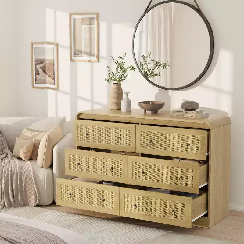 Commode en rotin cintrée de 117 cm de large - Commode de chambre à 6 tiroirs, Meuble de rangement pour salon et couloir, Commode en bois d'inspiration Mid-Century