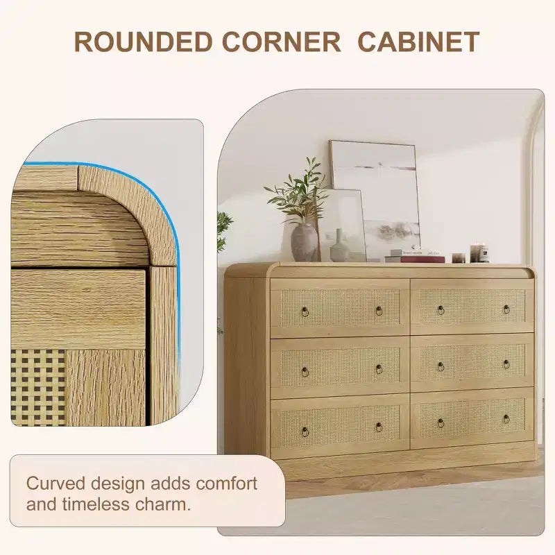 Commode en rotin cintrée de 117 cm de large - Commode de chambre à 6 tiroirs, Meuble de rangement pour salon et couloir, Commode en bois d'inspiration Mid-Century
