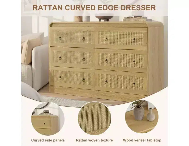Commode en rotin cintrée de 117 cm de large - Commode de chambre à 6 tiroirs, Meuble de rangement pour salon et couloir, Commode en bois d'inspiration Mid-Century