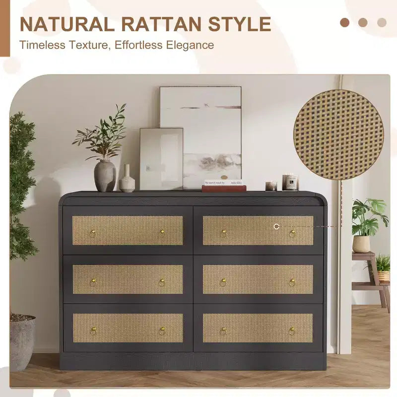 Commode en rotin cintrée de 117 cm de large - Commode de chambre à 6 tiroirs, Meuble de rangement pour salon et couloir, Commode en bois d'inspiration Mid-Century