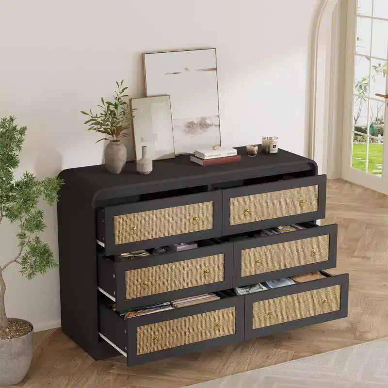 Commode en rotin cintrée de 117 cm de large - Commode de chambre à 6 tiroirs, Meuble de rangement pour salon et couloir, Commode en bois d'inspiration Mid-Century