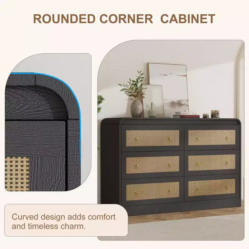 Commode en rotin cintrée de 117 cm de large - Commode de chambre à 6 tiroirs, Meuble de rangement pour salon et couloir, Commode en bois d'inspiration Mid-Century