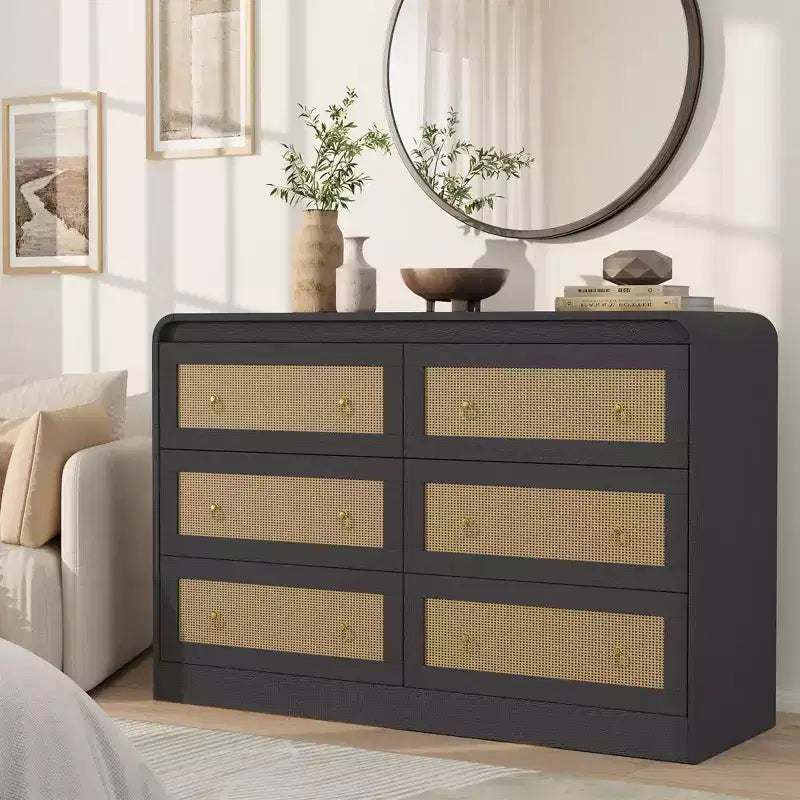 Arched 46 Wide Rattan Dresser - 6 Drawer Bedroom Dresser, Storage Chest for Living Room & Hallway, Mid-Century Inspired Wooden Chest of Drawers