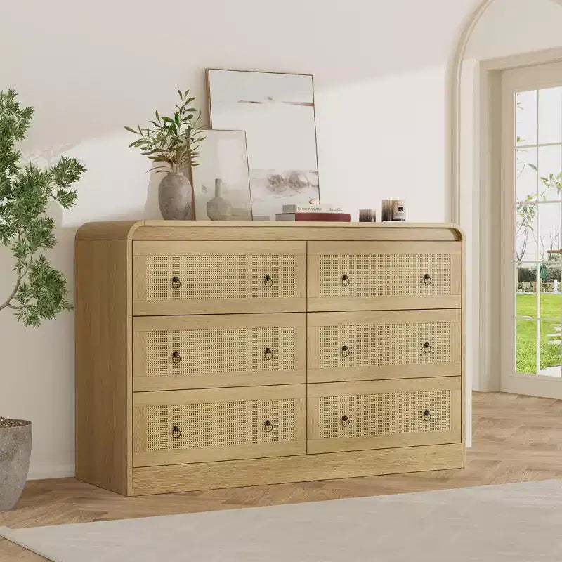 Commode en rotin cintrée de 117 cm de large - Commode de chambre à 6 tiroirs, Meuble de rangement pour salon et couloir, Commode en bois d'inspiration Mid-Century