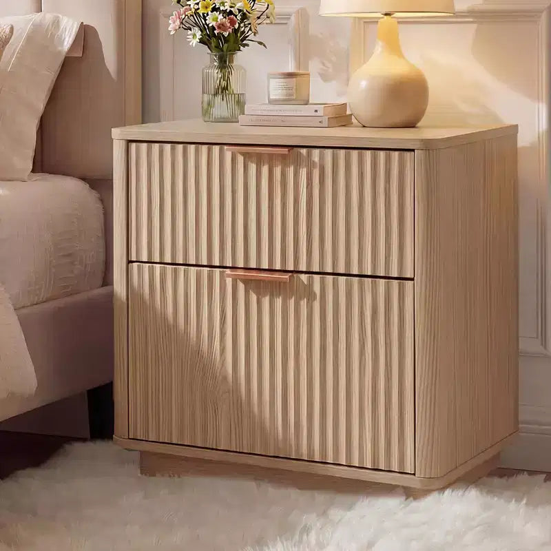 Fluted Nightstand with Charging Station, 23 Mid Century 2-Drawer Bedside Table, Modern Curved End Table for Bedroom and Living Room