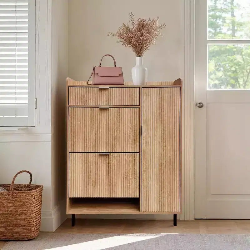Acekool Wave Pattern Shoe Cabinet with Double Trays & Drawer Narrow Oak Shoe Storage with Metal Legs for Entryway