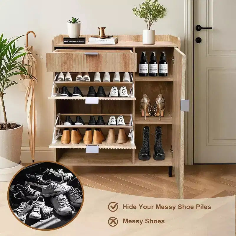 Meuble à chaussures étroit motif vague avec deux tiroirs à chaussures, un tiroir et des pieds en métal, Chêne