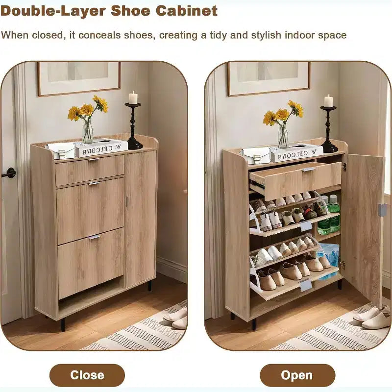Meuble à chaussures étroit motif vague avec deux tiroirs à chaussures, un tiroir et des pieds en métal, Chêne