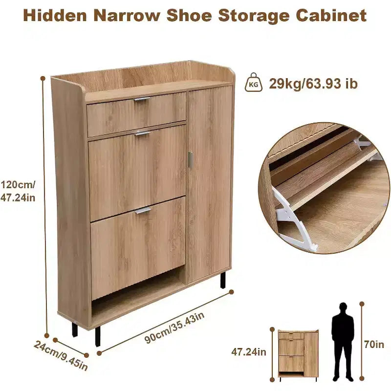 Meuble à chaussures étroit motif vague avec deux tiroirs à chaussures, un tiroir et des pieds en métal, Chêne