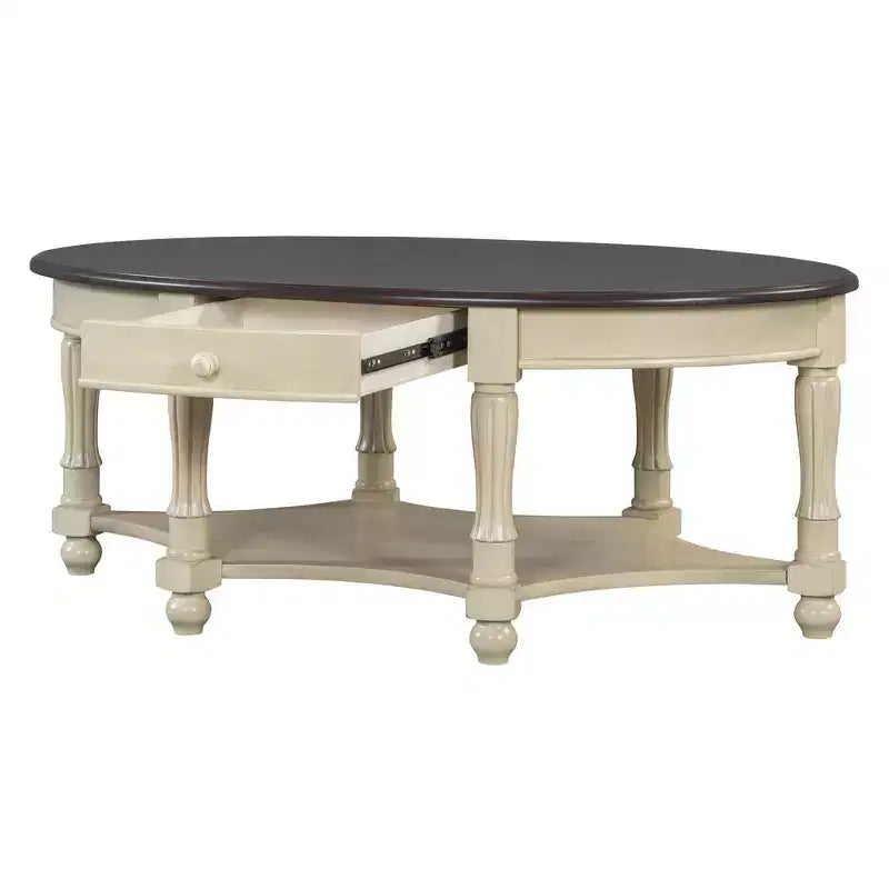 Table basse ovale de style campagnard français vintage avec tiroir et étagère inférieure, 114 cm L