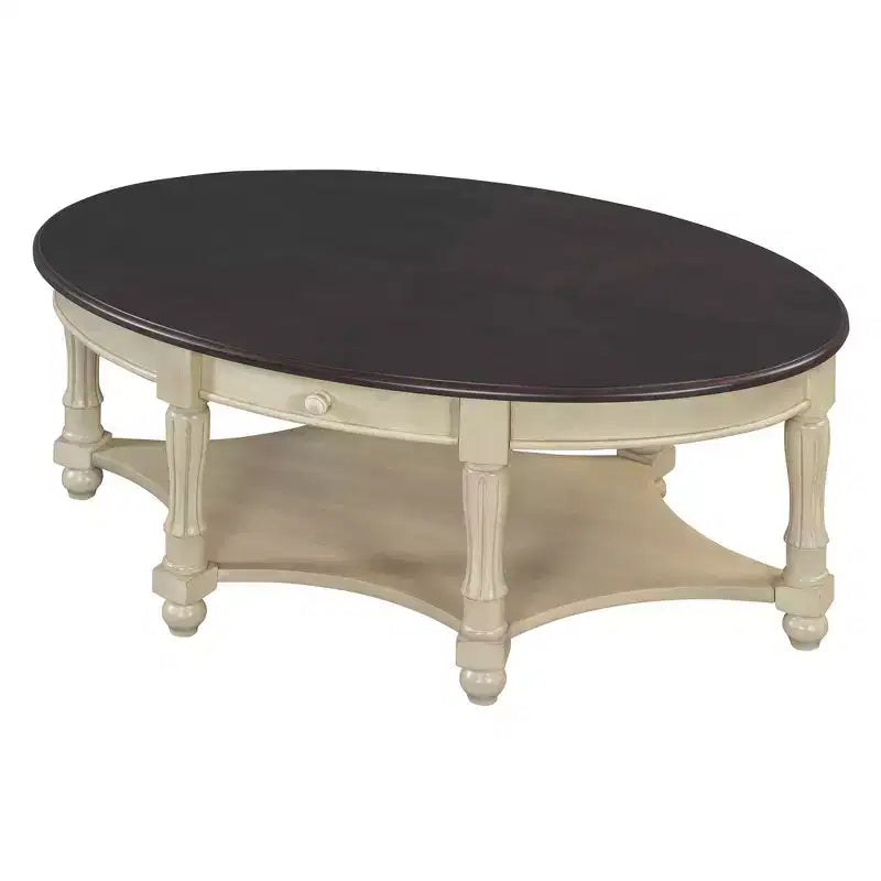Table basse ovale de style campagnard français vintage avec tiroir et étagère inférieure, 114 cm L