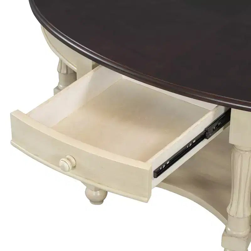 Table basse ovale de style campagnard français vintage avec tiroir et étagère inférieure, 114 cm L