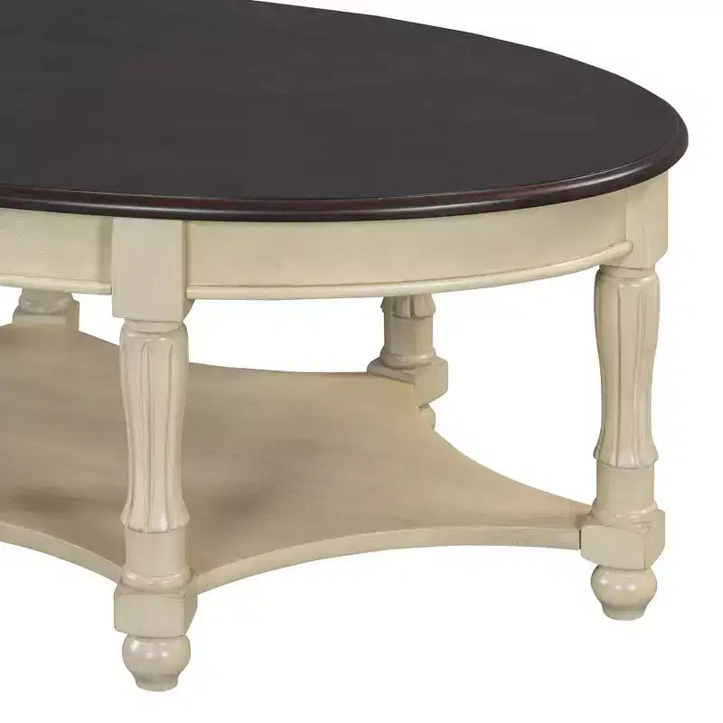 Table basse ovale de style campagnard français vintage avec tiroir et étagère inférieure, 114 cm L