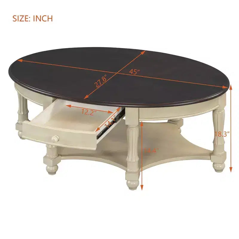 Table basse ovale de style campagnard français vintage avec tiroir et étagère inférieure, 114 cm L