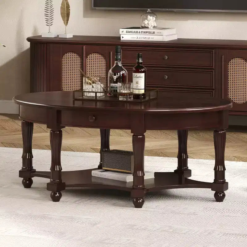 Table basse ovale de style campagnard français vintage avec tiroir et étagère inférieure, 114 cm L