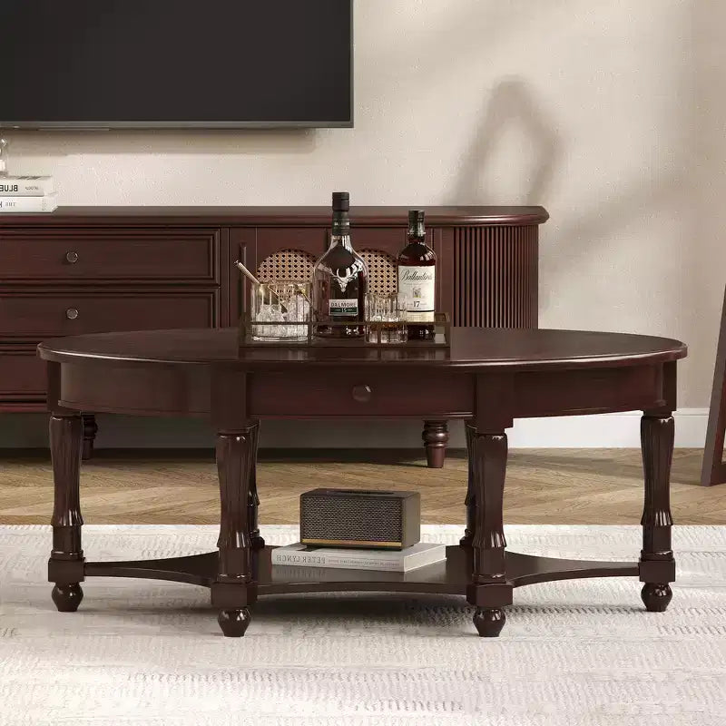Table basse ovale de style campagnard français vintage avec tiroir et étagère inférieure, 114 cm L