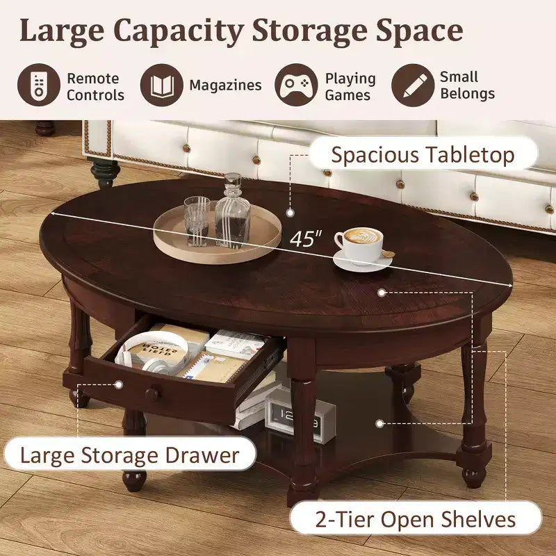 Table basse ovale de style campagnard français vintage avec tiroir et étagère inférieure, 114 cm L