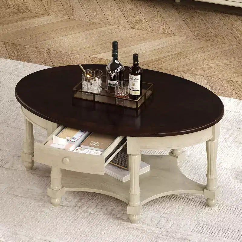 Table basse ovale de style campagnard français vintage avec tiroir et étagère inférieure, 114 cm L