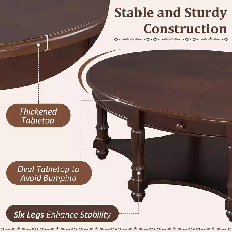 Table basse ovale de style campagnard français vintage avec tiroir et étagère inférieure, 114 cm L