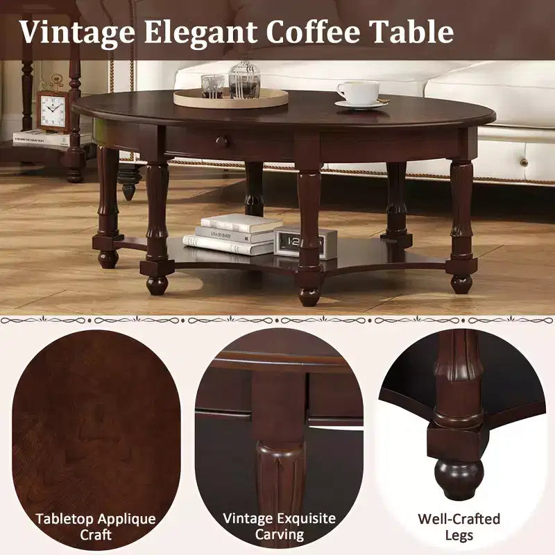 Table basse ovale de style campagnard français vintage avec tiroir et étagère inférieure, 114 cm L