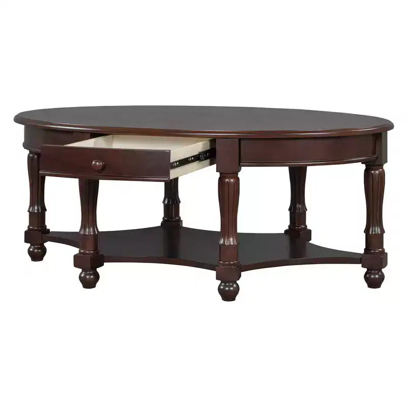 Table basse ovale de style campagnard français vintage avec tiroir et étagère inférieure, 114 cm L