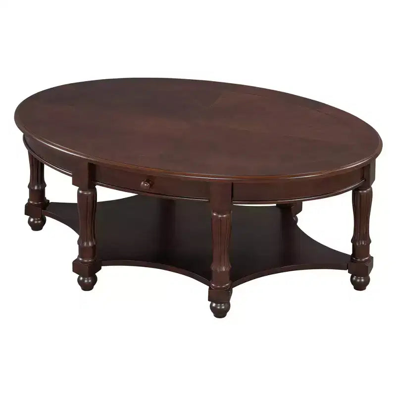 Table basse ovale de style campagnard français vintage avec tiroir et étagère inférieure, 114 cm L