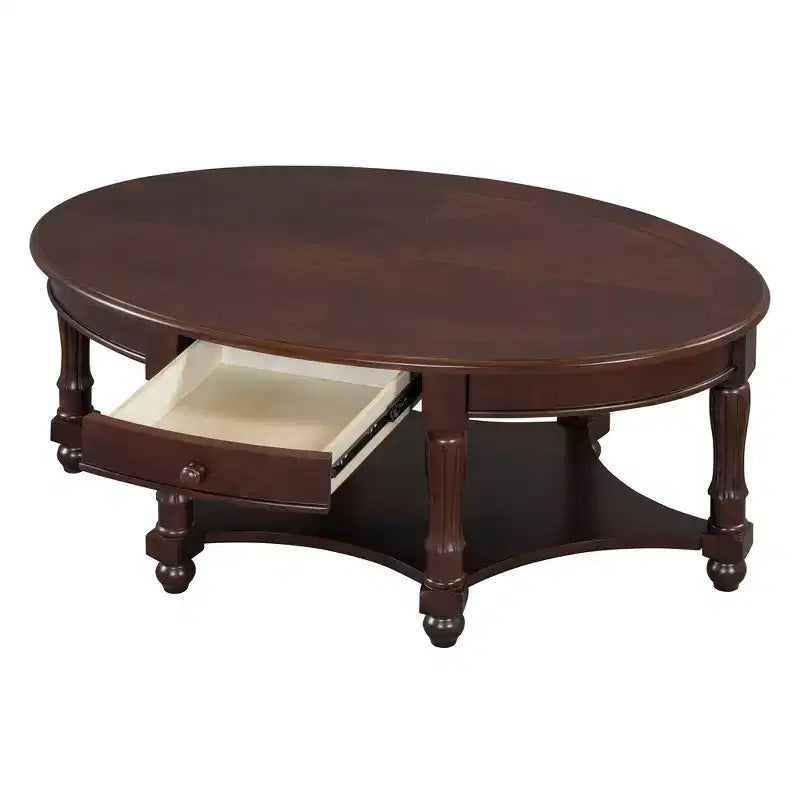 Table basse ovale de style campagnard français vintage avec tiroir et étagère inférieure, 114 cm L