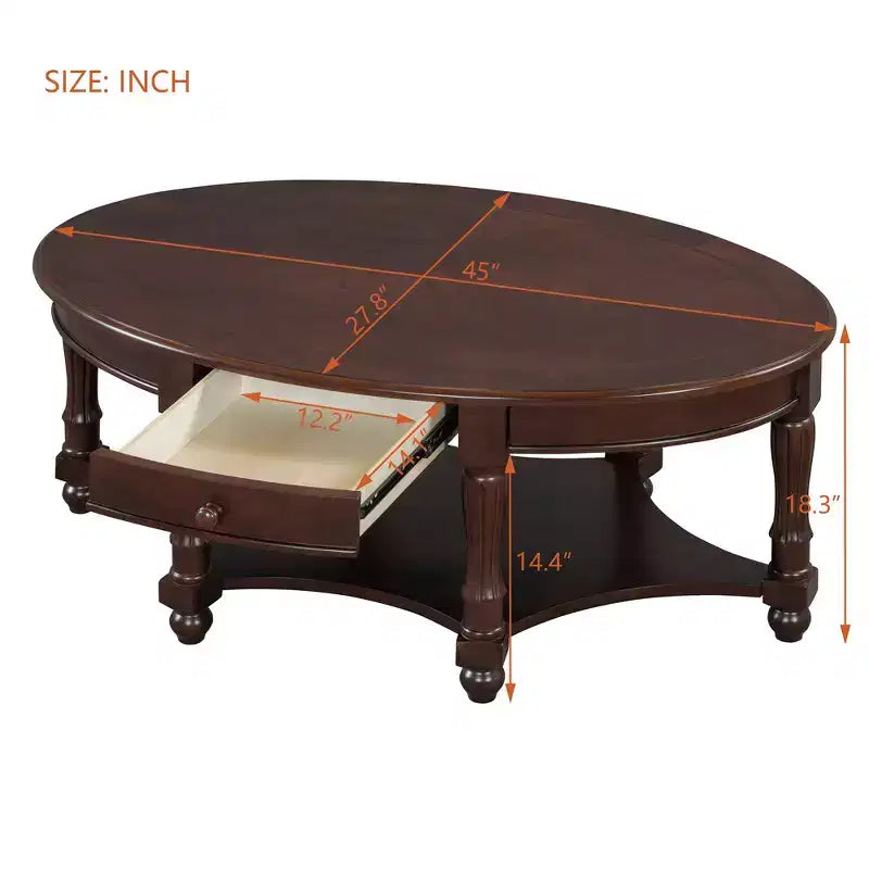 Table basse ovale de style campagnard français vintage avec tiroir et étagère inférieure, 114 cm L