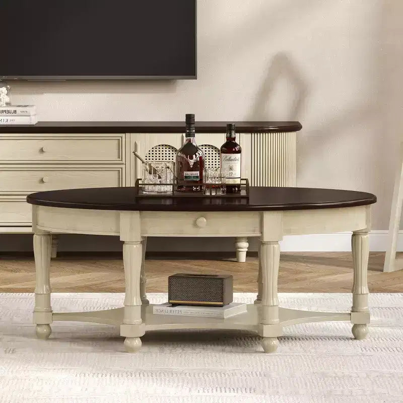 Table basse ovale de style campagnard français vintage avec tiroir et étagère inférieure, 114 cm L