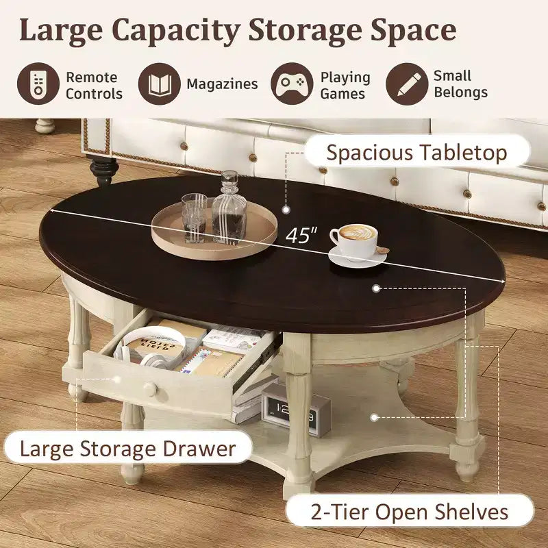 Table basse ovale de style campagnard français vintage avec tiroir et étagère inférieure, 114 cm L