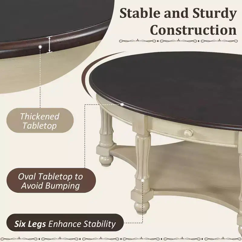 Table basse ovale de style campagnard français vintage avec tiroir et étagère inférieure, 114 cm L