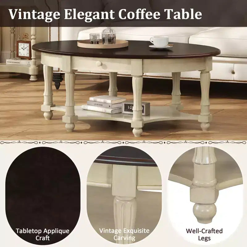 Table basse ovale de style campagnard français vintage avec tiroir et étagère inférieure, 114 cm L