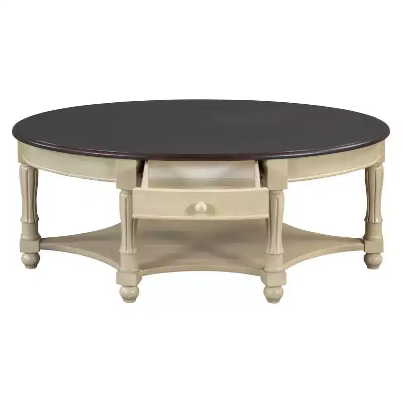 Table basse ovale de style campagnard français vintage avec tiroir et étagère inférieure, 114 cm L
