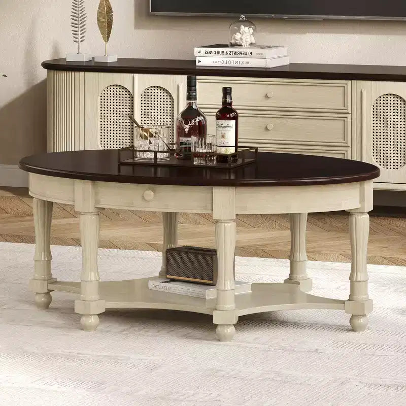 Whisen French Vintage Country Oval Coffee Table with Drawer and Lower Storage Shelf for Living Room