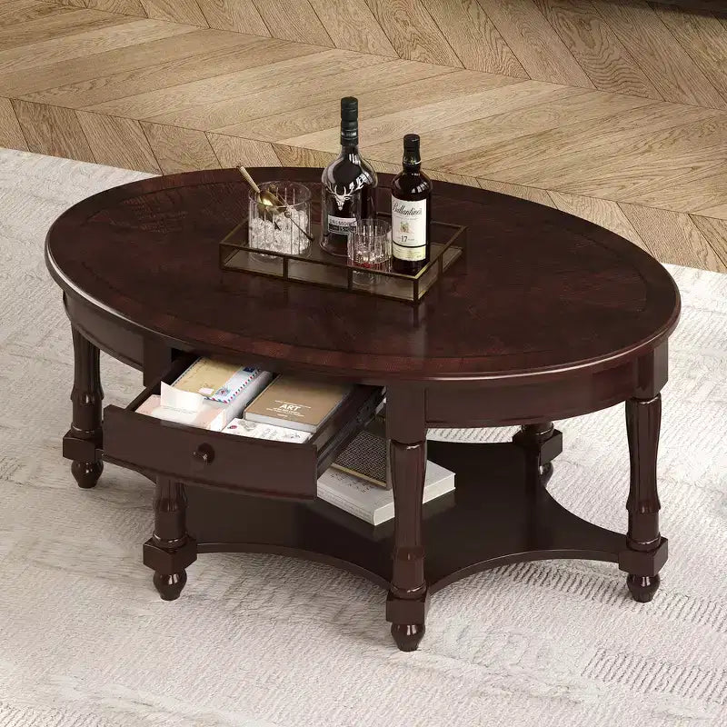 Table basse ovale de style campagnard français vintage avec tiroir et étagère inférieure, 114 cm L