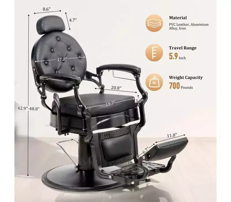 Fauteuil de barbier inclinable hydraulique robuste rétro, noir, capacité de 150 kg