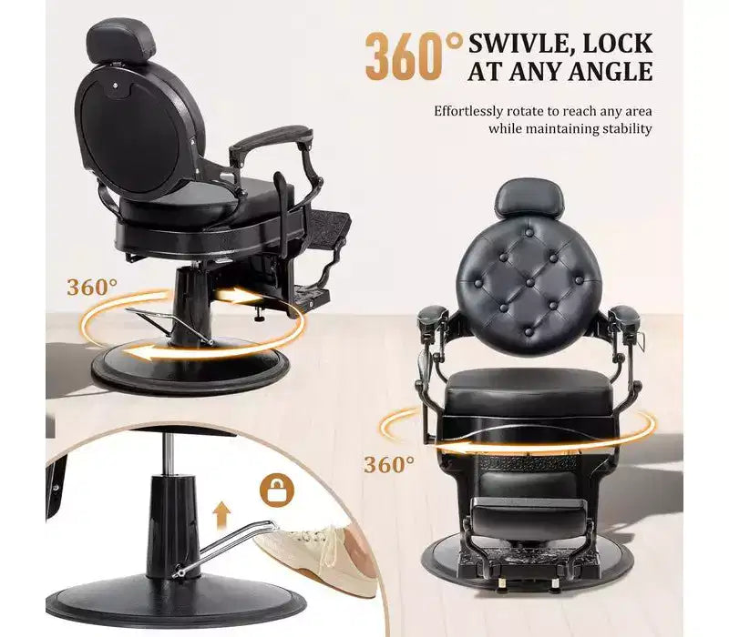 Fauteuil de barbier inclinable hydraulique robuste rétro, noir, capacité de 150 kg