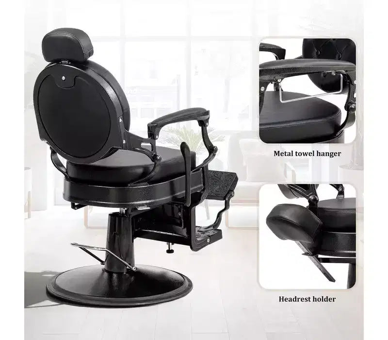 Fauteuil de barbier inclinable hydraulique robuste rétro, noir, capacité de 150 kg